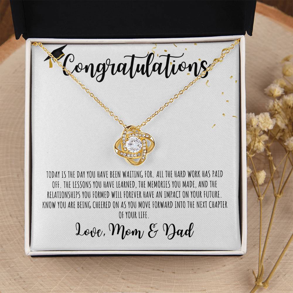 Congratulations Graduate | Love Mom & Dad | White Message Card - Love Knot Necklace