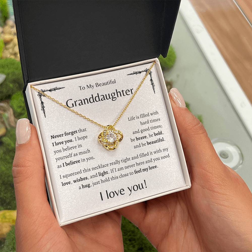 To My Beautiful Granddaughter | Never Forget | White Message Card - Love Knot Necklace