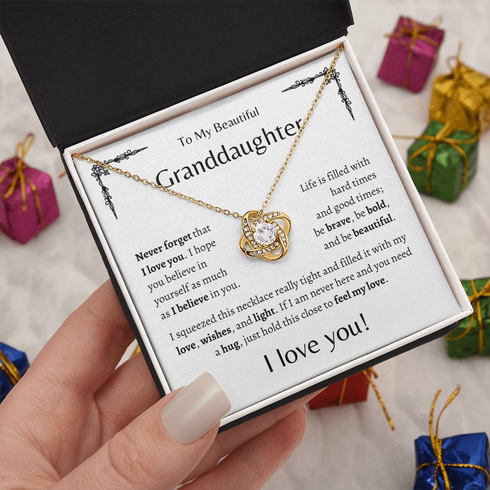 To My Beautiful Granddaughter | Never Forget | White Message Card - Love Knot Necklace