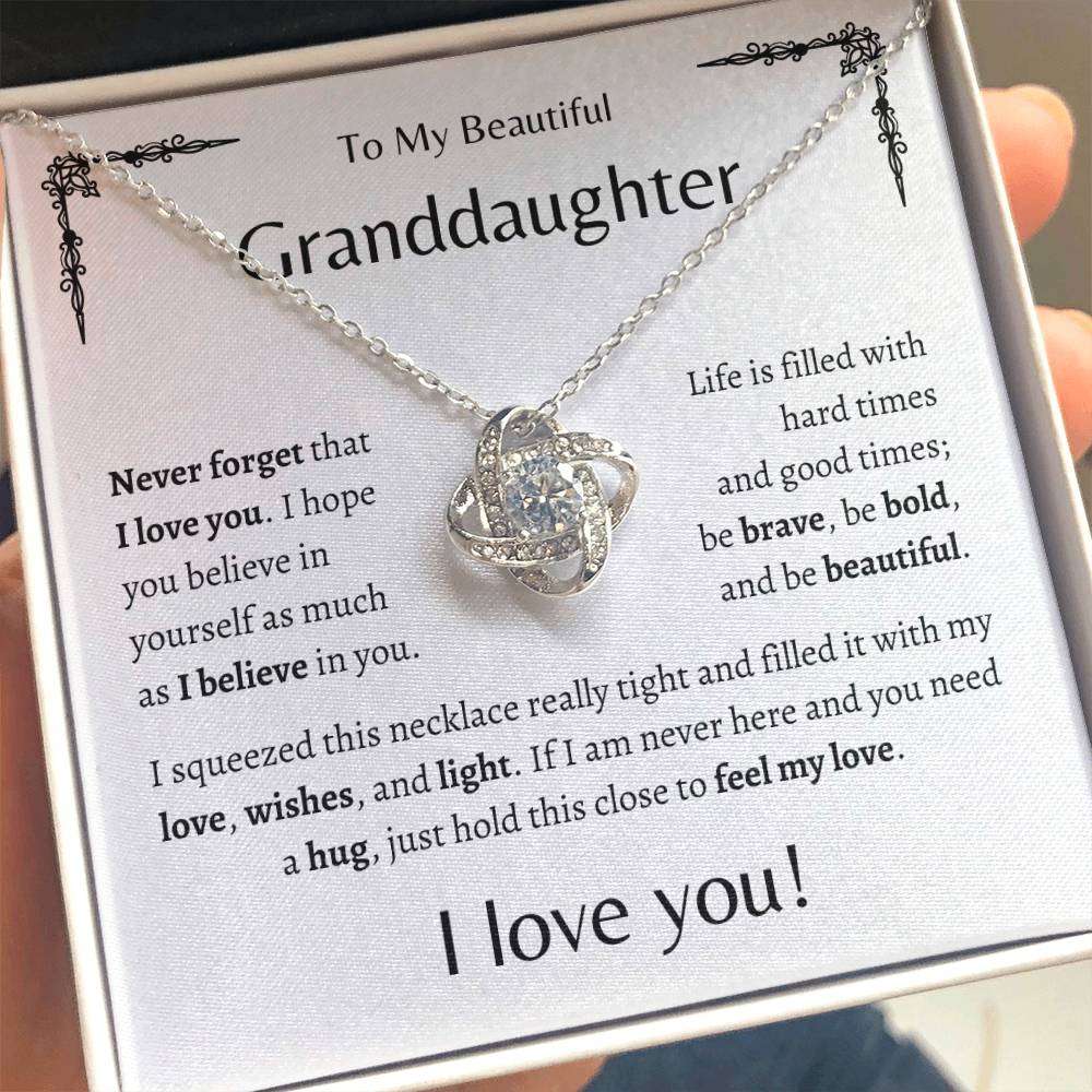 To My Beautiful Granddaughter | Never Forget | White Message Card - Love Knot Necklace