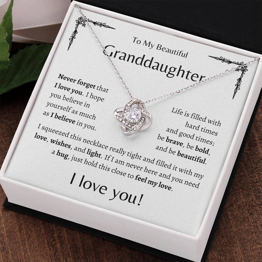 To My Beautiful Granddaughter | Never Forget | White Message Card - Love Knot Necklace