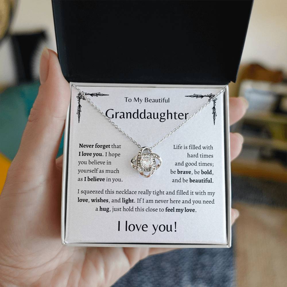 To My Beautiful Granddaughter | Never Forget | White Message Card - Love Knot Necklace