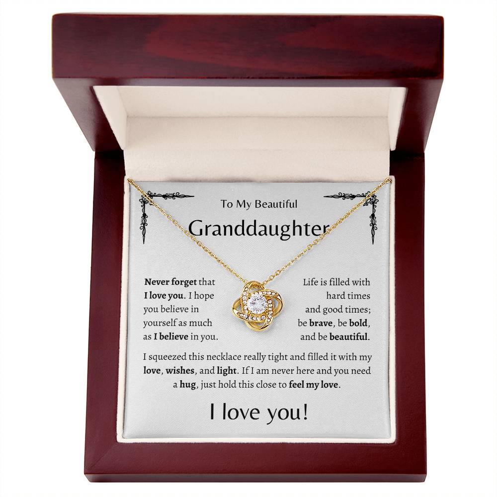 To My Beautiful Granddaughter | Never Forget | White Message Card - Love Knot Necklace