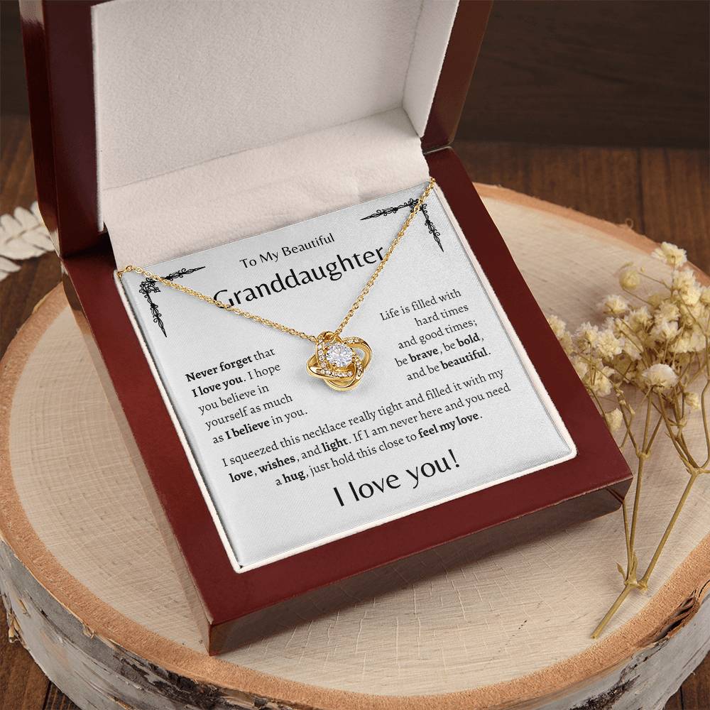 To My Beautiful Granddaughter | Never Forget | White Message Card - Love Knot Necklace