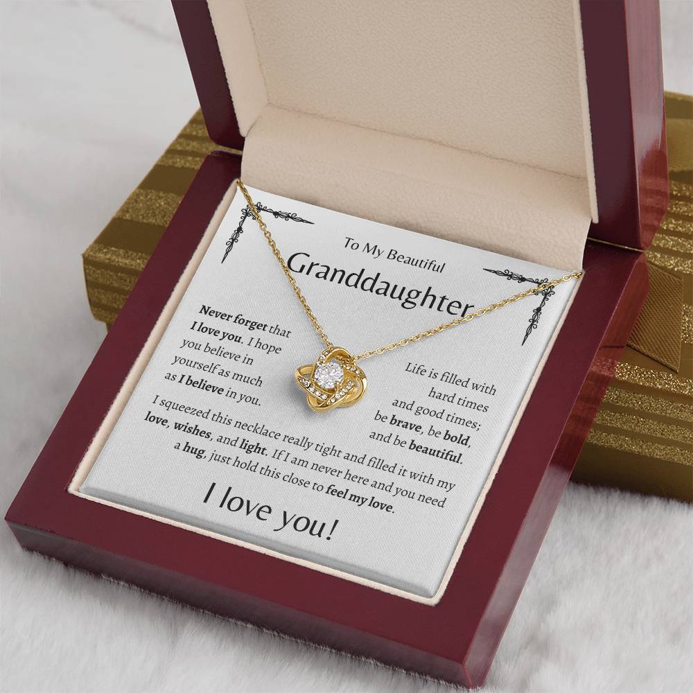 To My Beautiful Granddaughter | Never Forget | White Message Card - Love Knot Necklace