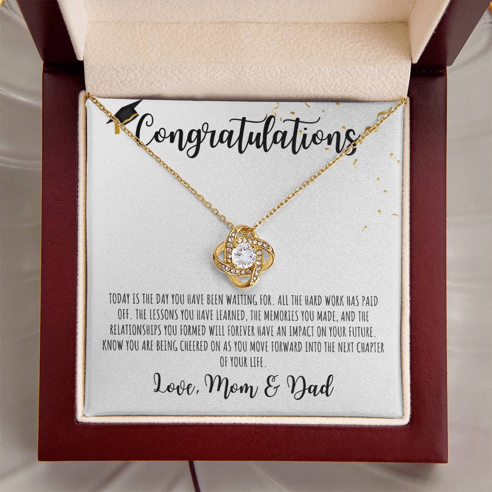 Congratulations Graduate | Love Mom & Dad | White Message Card - Love Knot Necklace