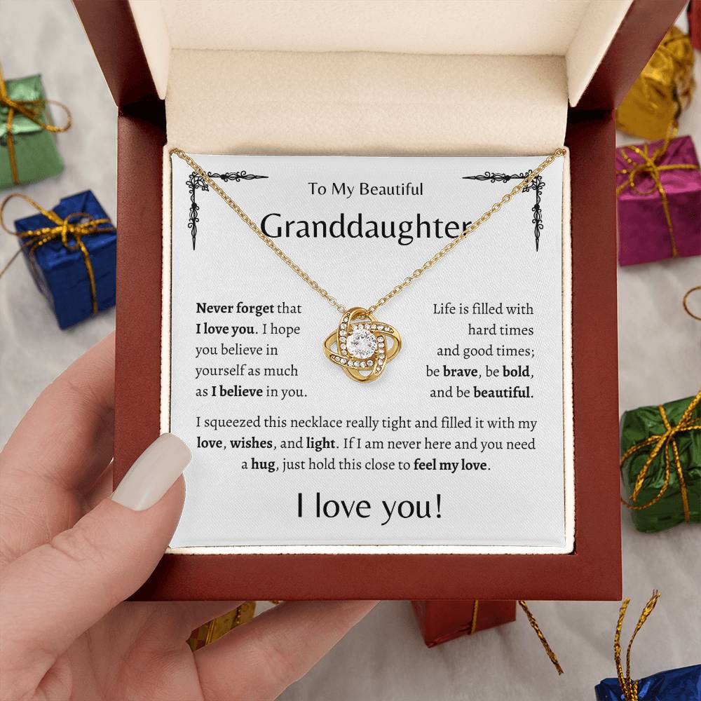 To My Beautiful Granddaughter | Never Forget | White Message Card - Love Knot Necklace