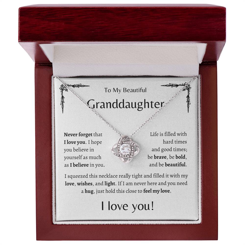 To My Beautiful Granddaughter | Never Forget | White Message Card - Love Knot Necklace