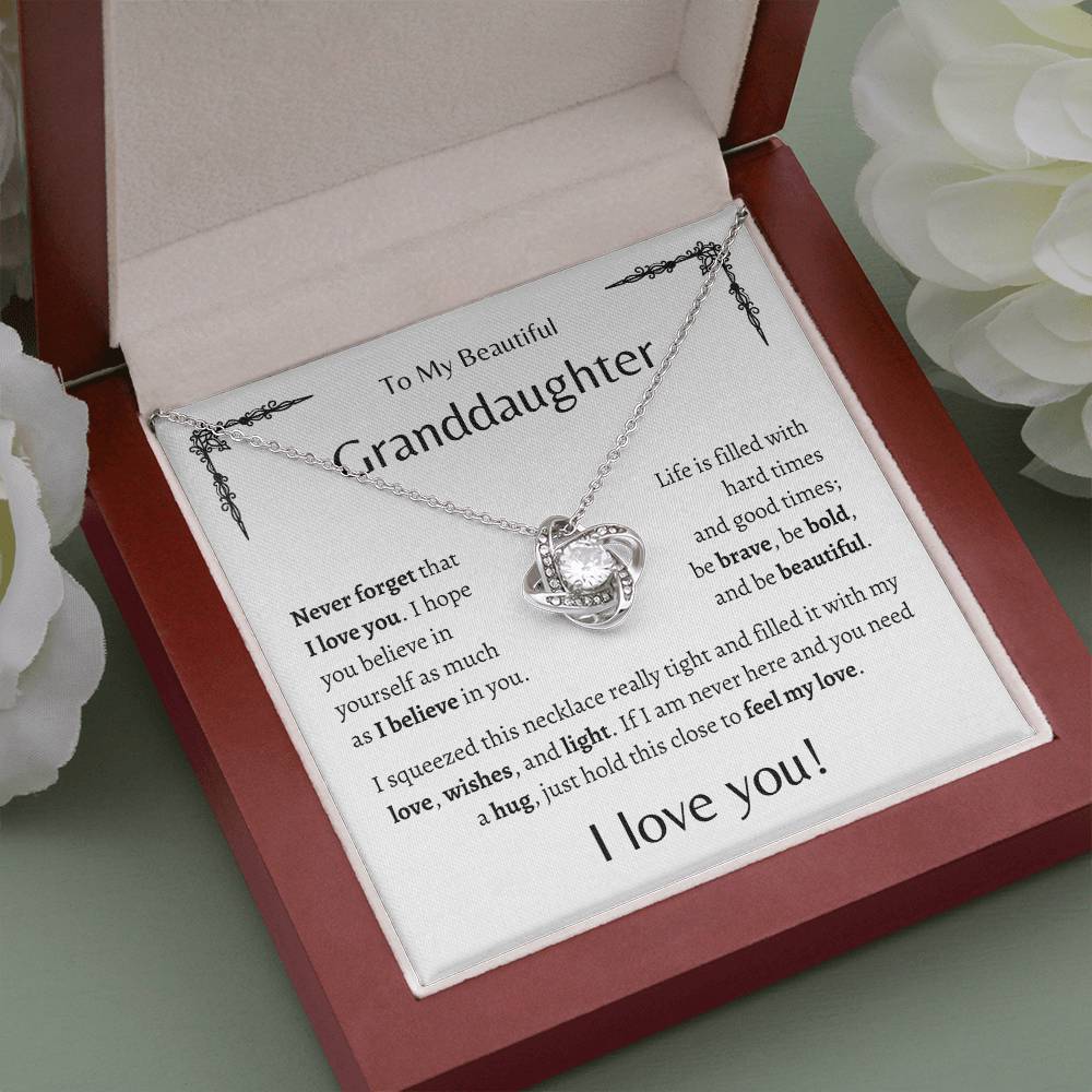 To My Beautiful Granddaughter | Never Forget | White Message Card - Love Knot Necklace