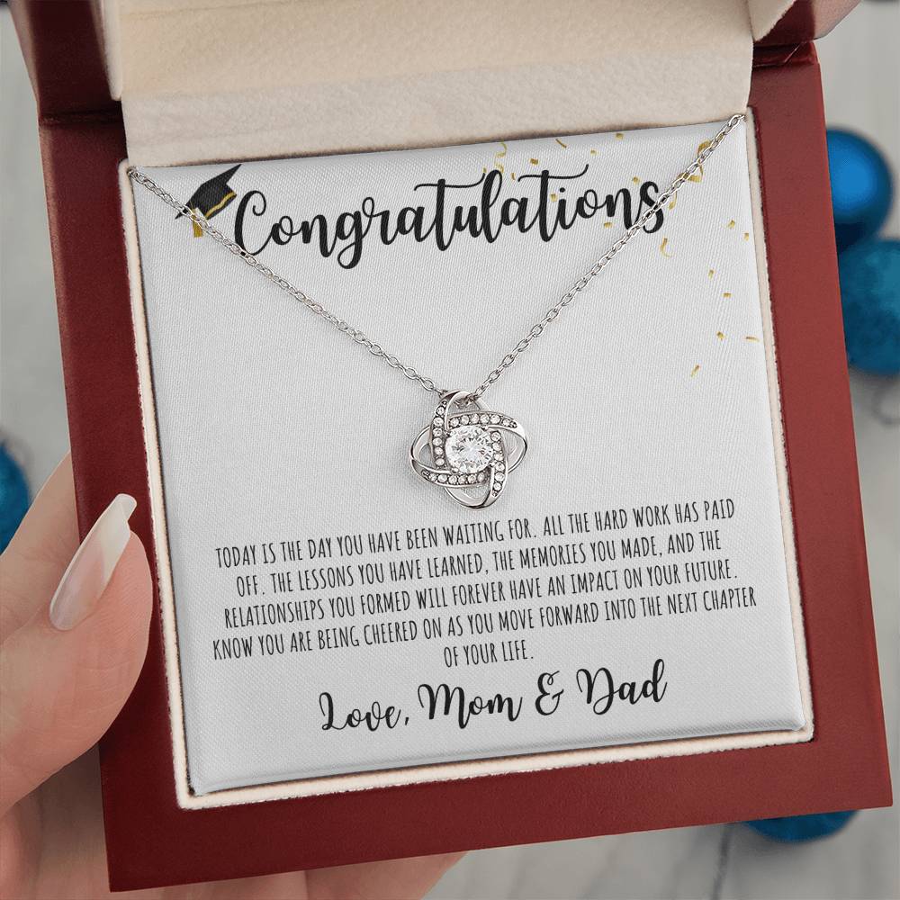 Congratulations Graduate | Love Mom & Dad | White Message Card - Love Knot Necklace