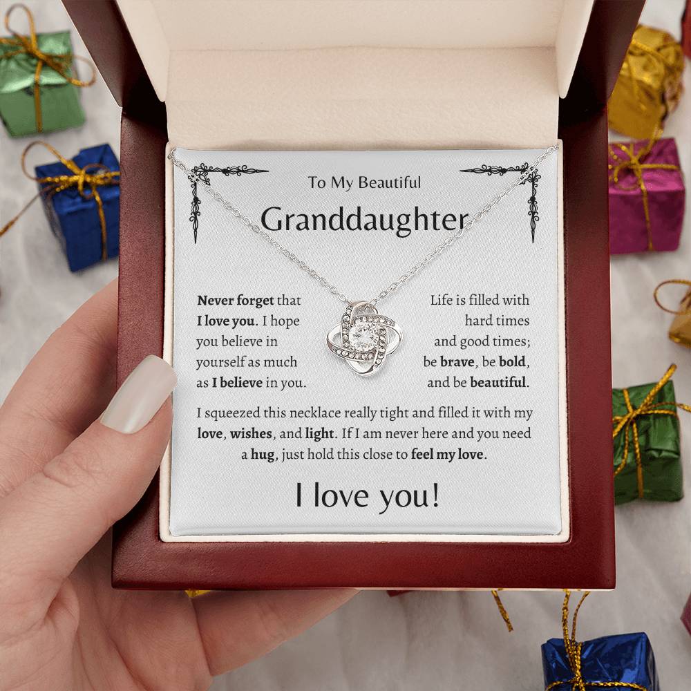To My Beautiful Granddaughter | Never Forget | White Message Card - Love Knot Necklace