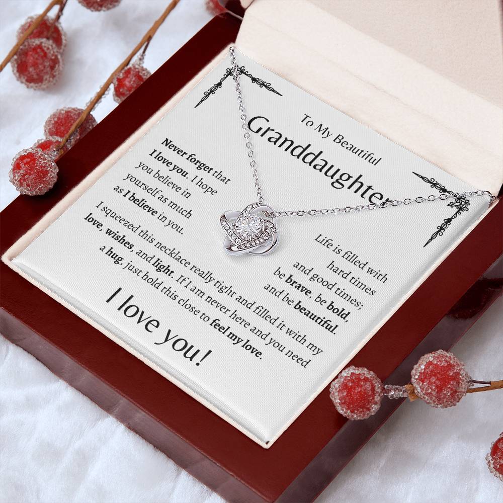 To My Beautiful Granddaughter | Never Forget | White Message Card - Love Knot Necklace