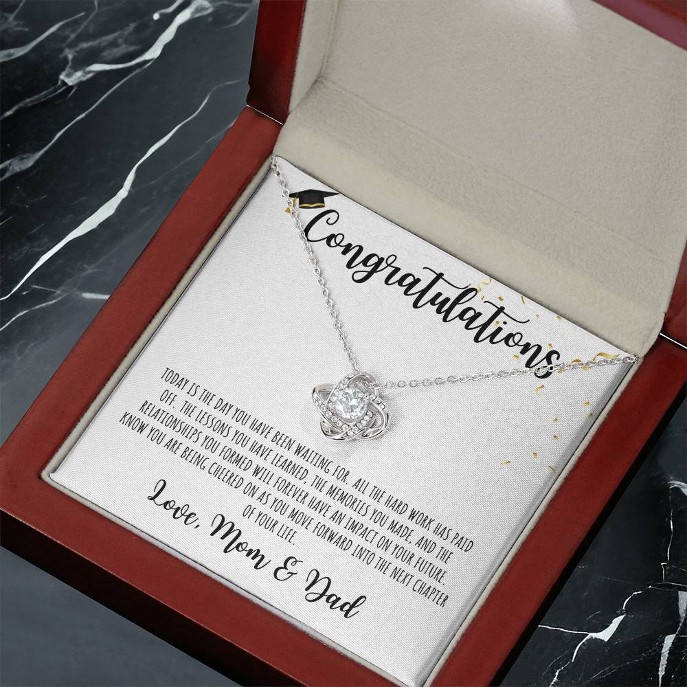 Congratulations Graduate | Love Mom & Dad | White Message Card - Love Knot Necklace