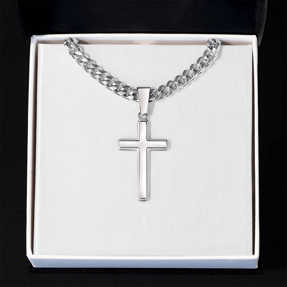 Dear Son | You are Loved | Three things | Black Message Card - Cuban Chain with Artisan Cross Necklace