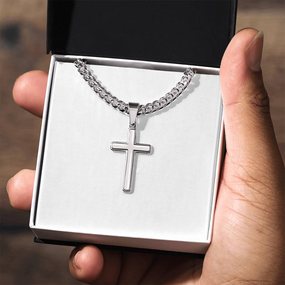 Dear Son | You are Loved | Three things | Black Message Card - Cuban Chain with Artisan Cross Necklace