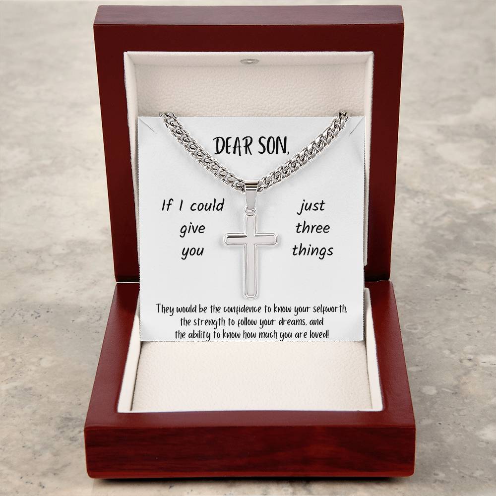 Dear Son | You are Loved | Three Things | White Message Card - Cuban Chain with Artisan Cross Necklace
