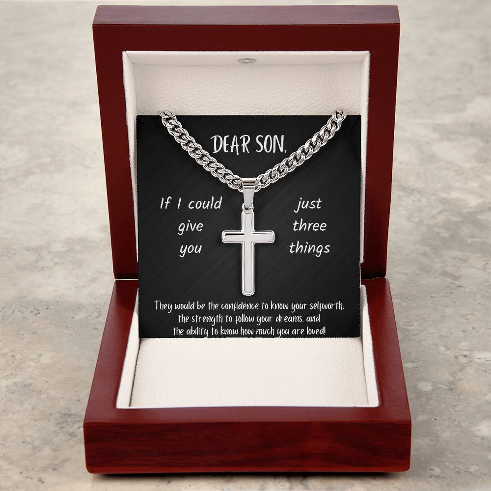 Dear Son | You are Loved | Three things | Black Message Card - Cuban Chain with Artisan Cross Necklace