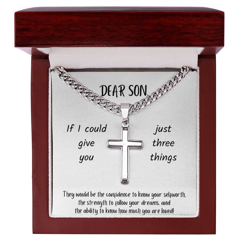 Dear Son | You are Loved | Three Things | White Message Card - Cuban Chain with Artisan Cross Necklace