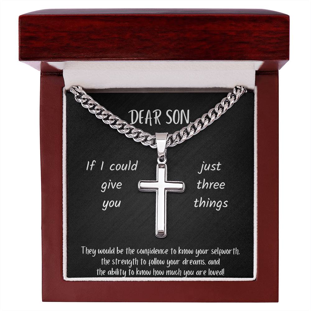 Dear Son | You are Loved | Three things | Black Message Card - Cuban Chain with Artisan Cross Necklace
