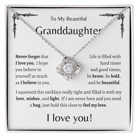 To My Beautiful Granddaughter | Never Forget | White Message Card - Love Knot Necklace