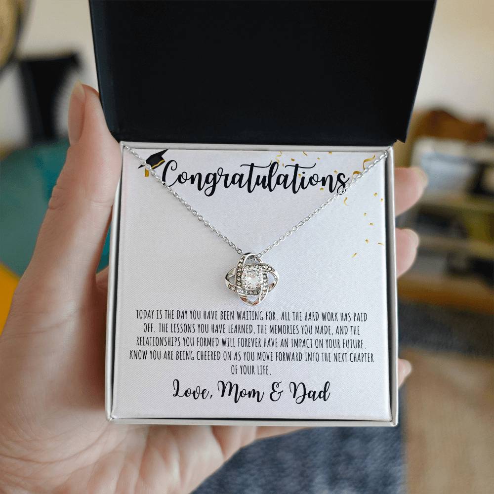 Congratulations Graduate | Love Mom & Dad | White Message Card - Love Knot Necklace