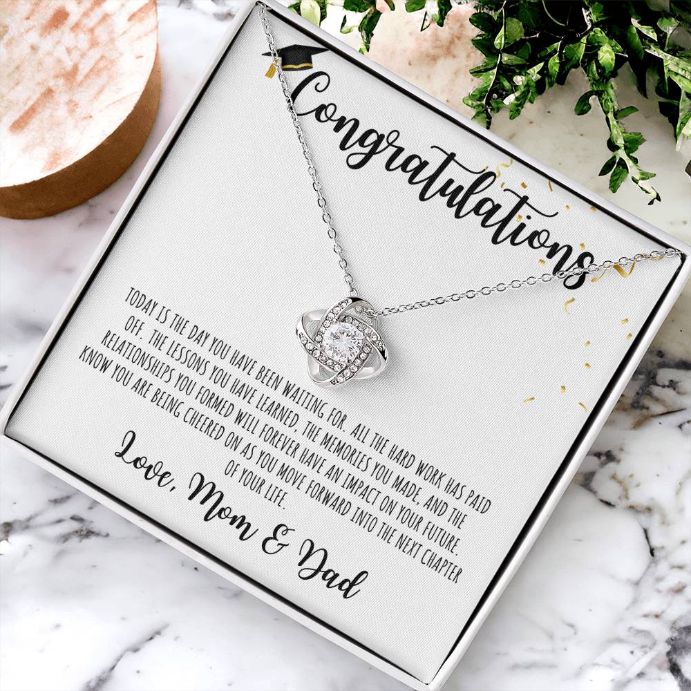 Congratulations Graduate | Love Mom & Dad | White Message Card - Love Knot Necklace