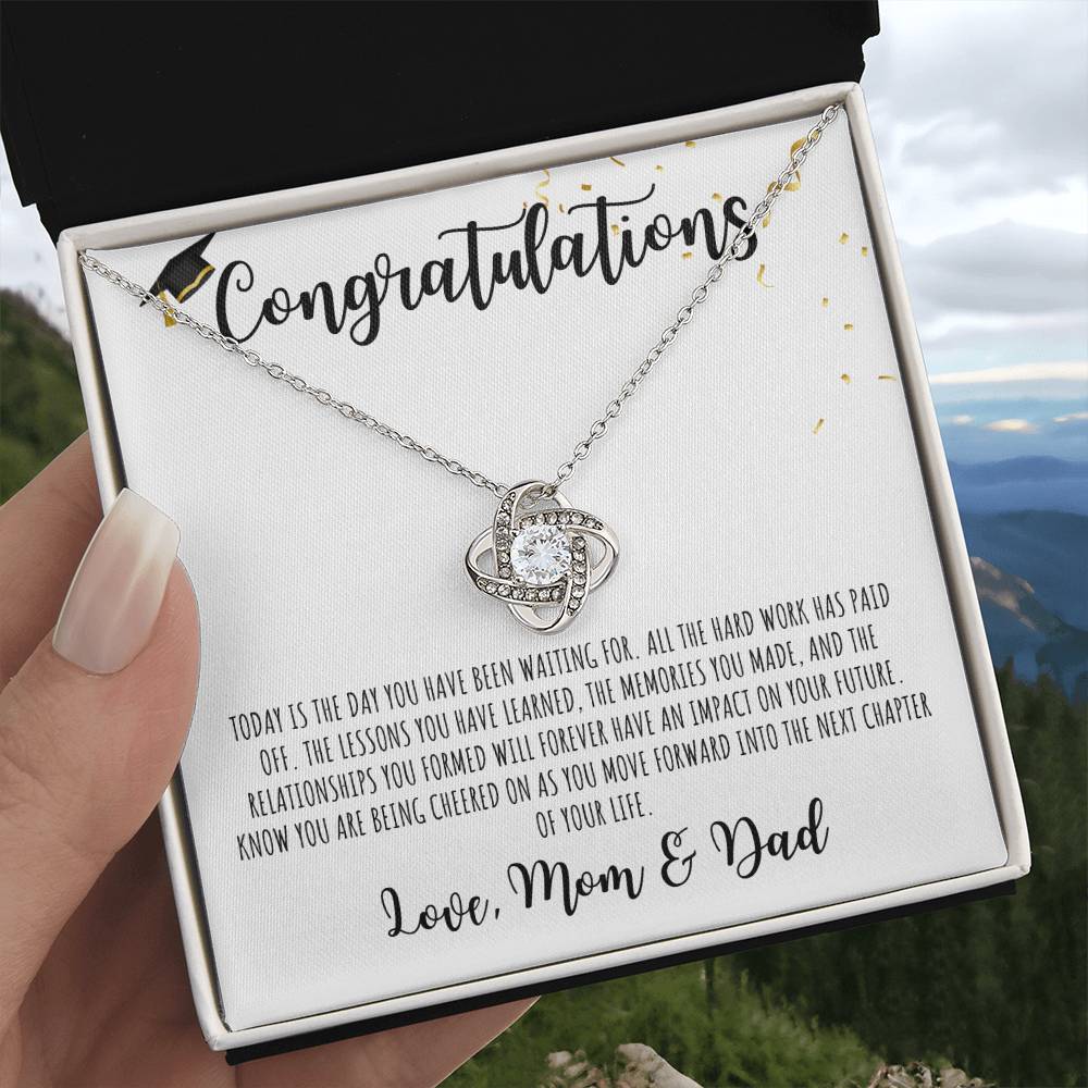 Congratulations Graduate | Love Mom & Dad | White Message Card - Love Knot Necklace