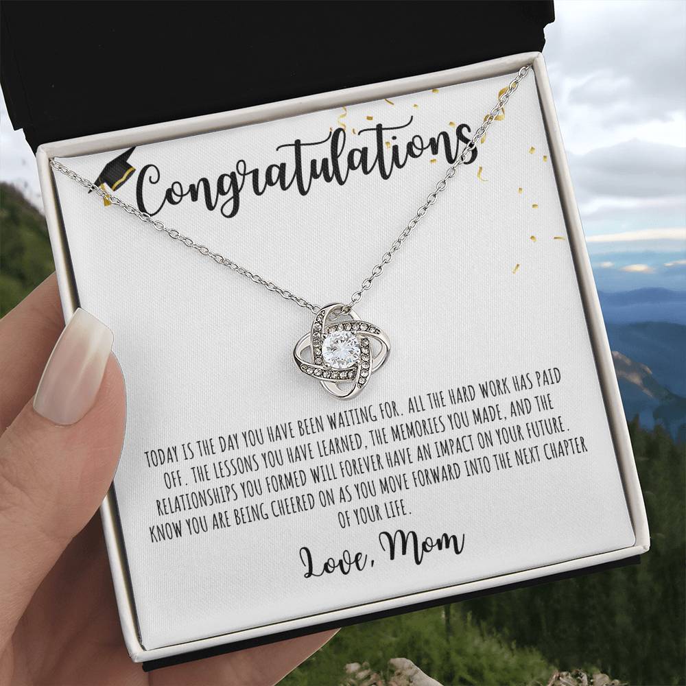 Congratulations Graduate | Love Mom -| White Message Card - Love Knot Necklace