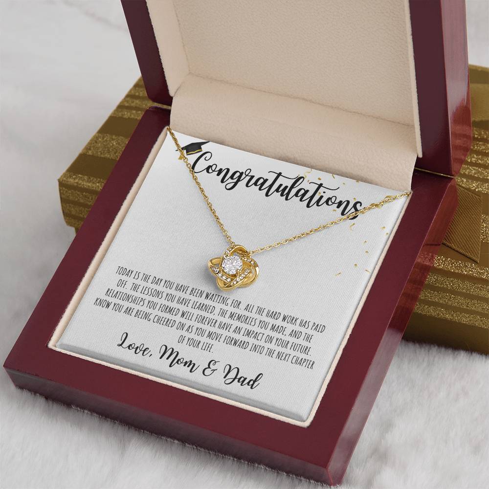 Congratulations Graduate | Love Mom & Dad | White Message Card - Love Knot Necklace