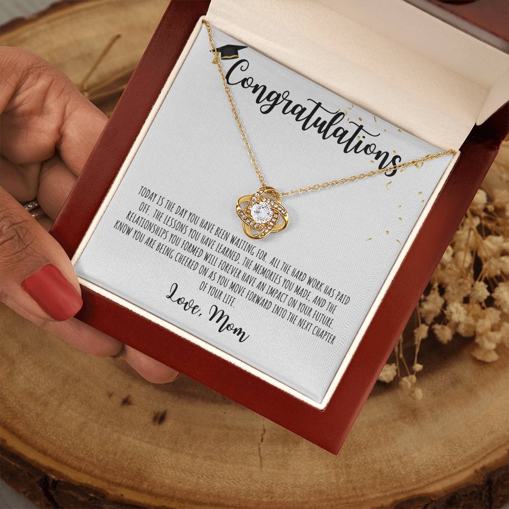 Congratulations Graduate | Love Mom -| White Message Card - Love Knot Necklace