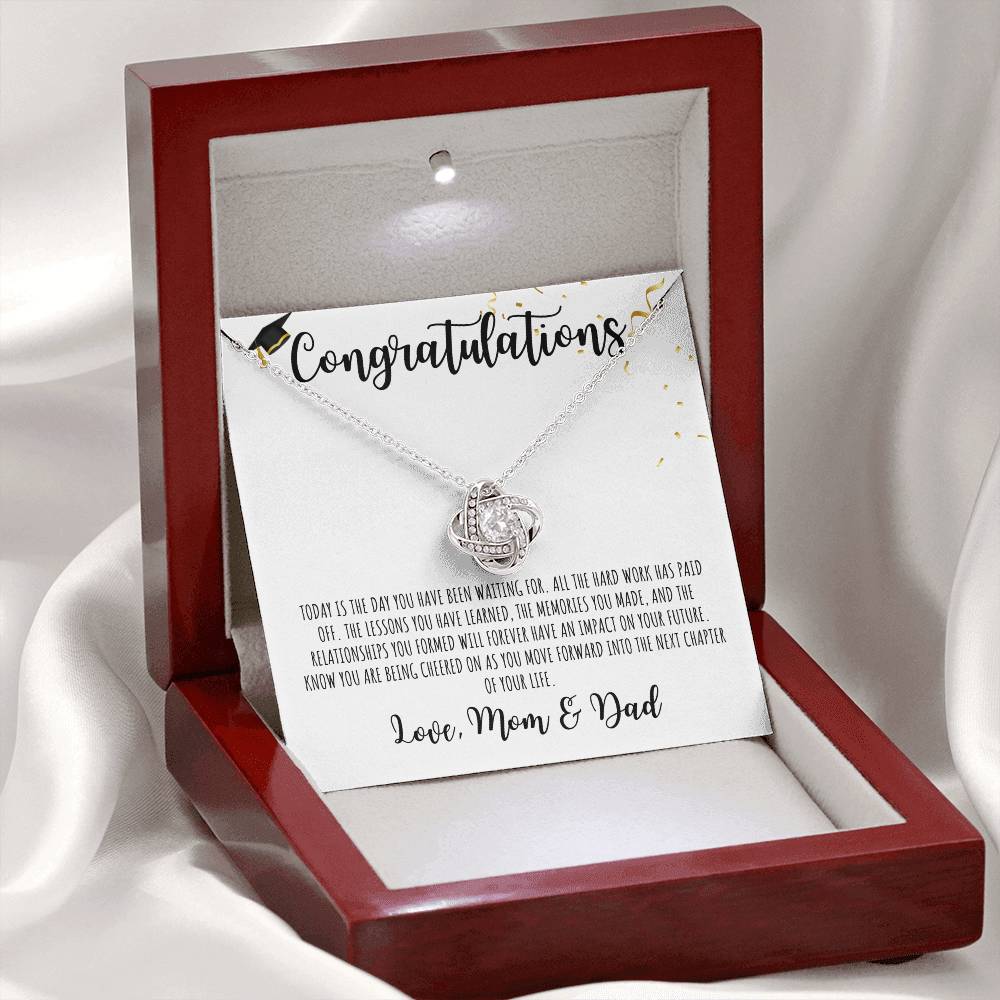 Congratulations Graduate | Love Mom & Dad | White Message Card - Love Knot Necklace