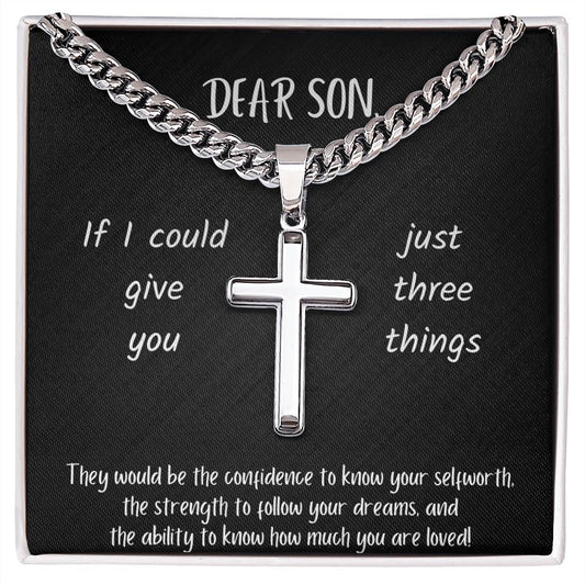 Dear Son | You are Loved | Three things | Black Message Card - Cuban Chain with Artisan Cross Necklace