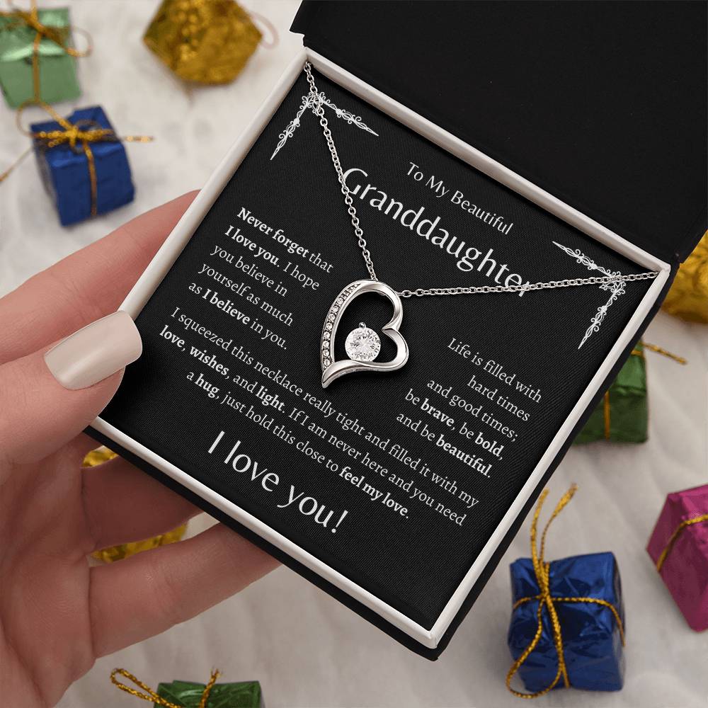 To My Beautiful Granddaughter | Never Forget | Black Message Card - Forever Love Necklace