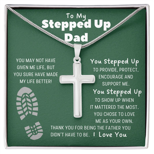 To My Stepped Up Dad | Green Message Card - Cross Necklace